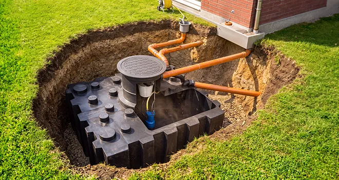 Eingebaute Regenwasseranlage mit unterirdischer Zisterne am Wohnhaus