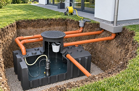 Eingebaute Regenwasseranlage mit unterirdischer Zisterne am Wohnhaus